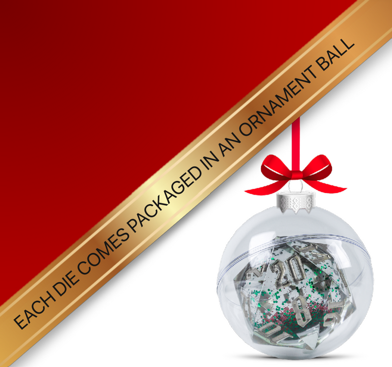 54mm D20 Snow Globe - Silver Ink/Red/Green Glitter