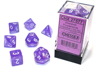 Chessex Borealis - Purple/White Luminary Effect - 7 Dice