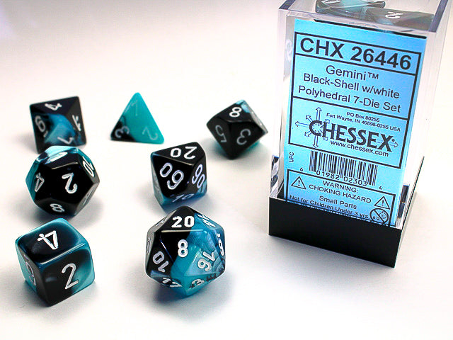 Image of Chessex Gemini - Black-Shell/White - 7 Dice Set