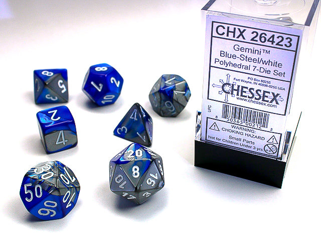 Image of Chessex Gemini - Blue-Steel/White - 7 Dice Set