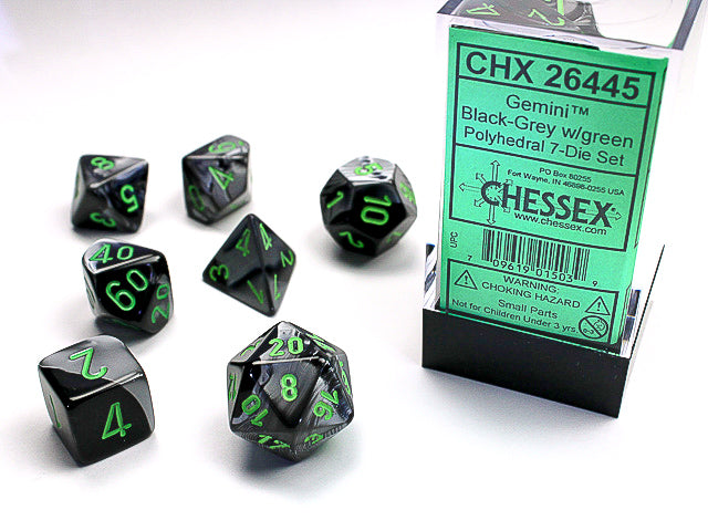 Image of Chessex Gemini - Black-Grey/Green - 7 Dice Set