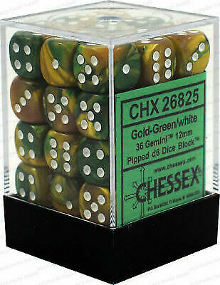 Chessex Gemini - Gold-Green/White - 36 D6 Dice Block